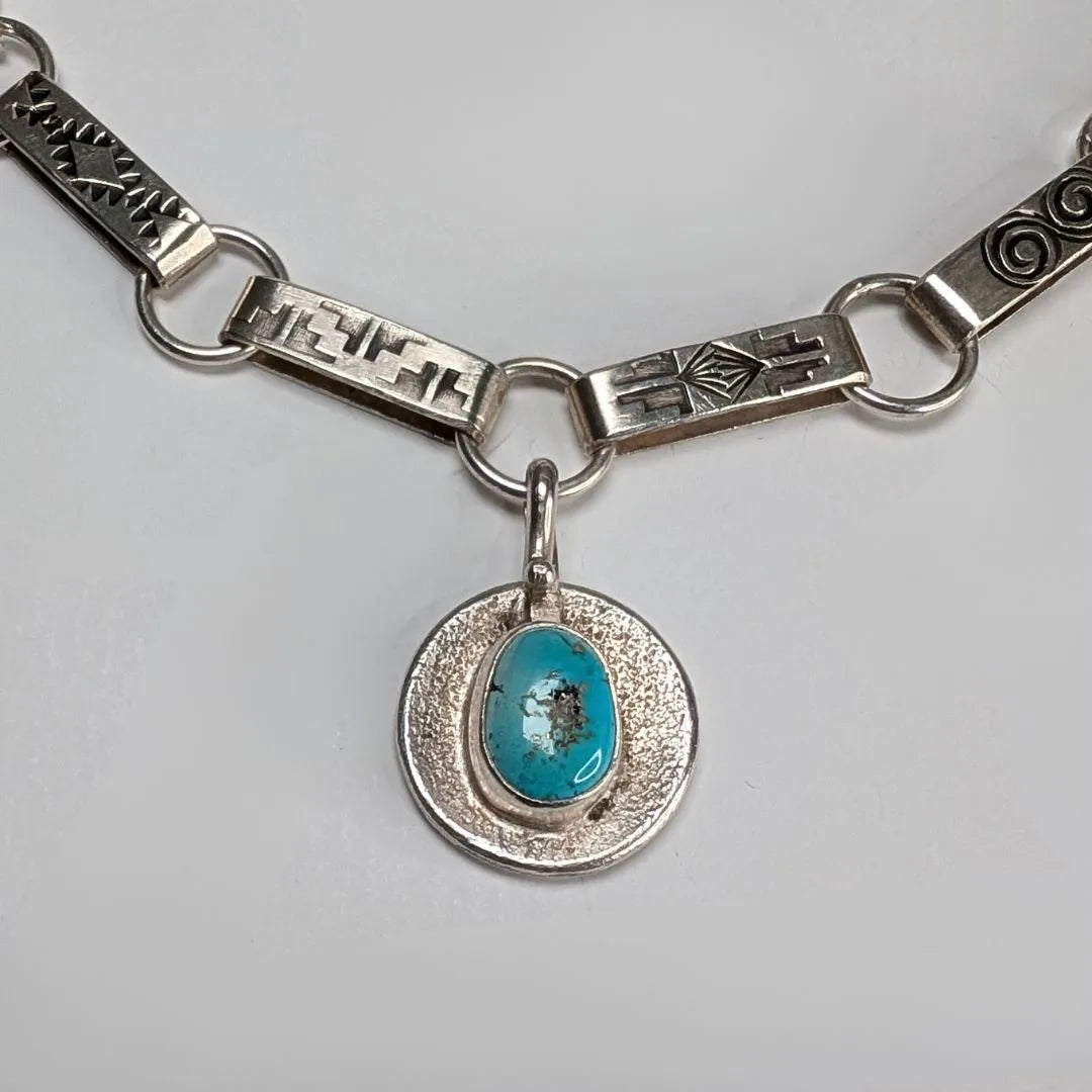 "Cactus Desert Night" Sterling Silver Charm Pendant with Turquoise. Back view on necklace