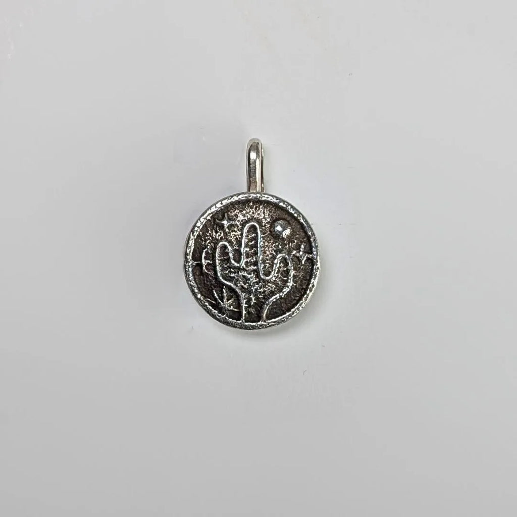 "Cactus Desert Night" Sterling Silver Charm Pendant with Turquoise. Front view