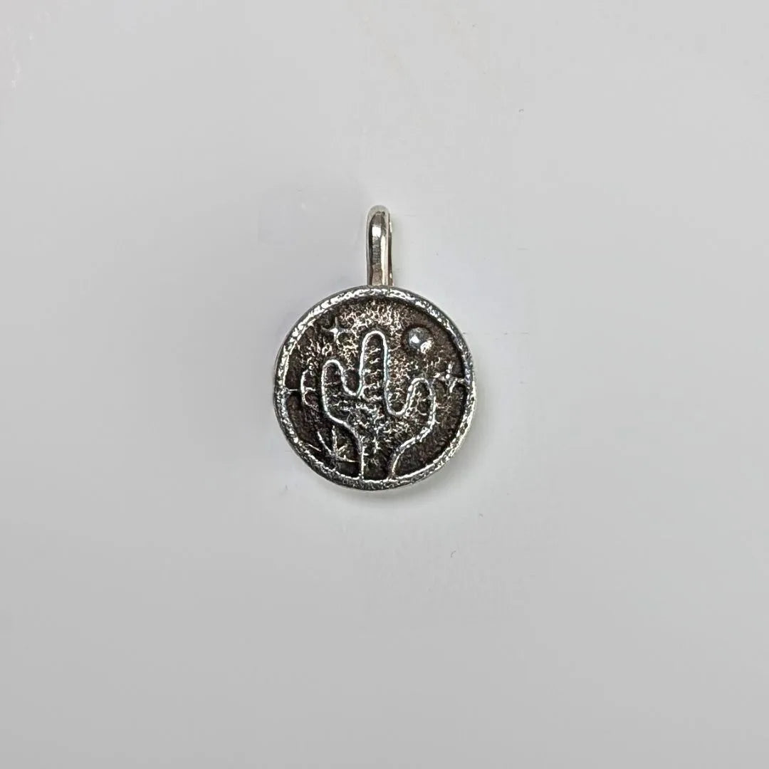 "Cactus Desert Night" Sterling Silver Charm Pendant with Turquoise. Front view