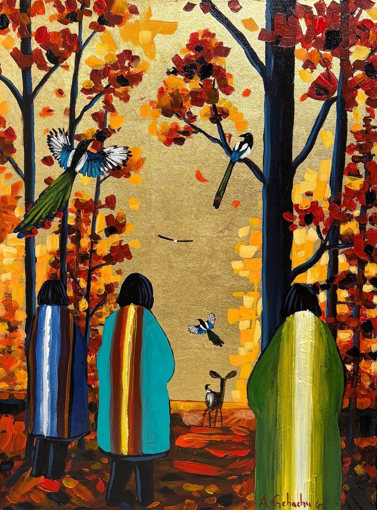 Gold leaf on canvas original painting by Zuni Pueblo painter, Anthony Gchachu.