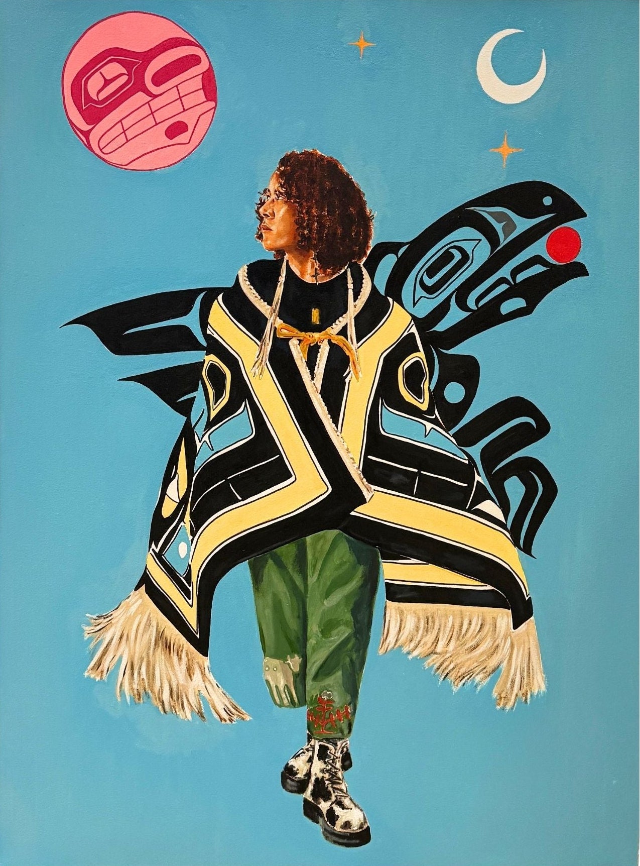 Raven's Journey by D.C. ALLEN (Del Curfman), portrait of Tlingit artist Crystal Worl in a traditional shawl before her own Raven formline design among the stars, original painting