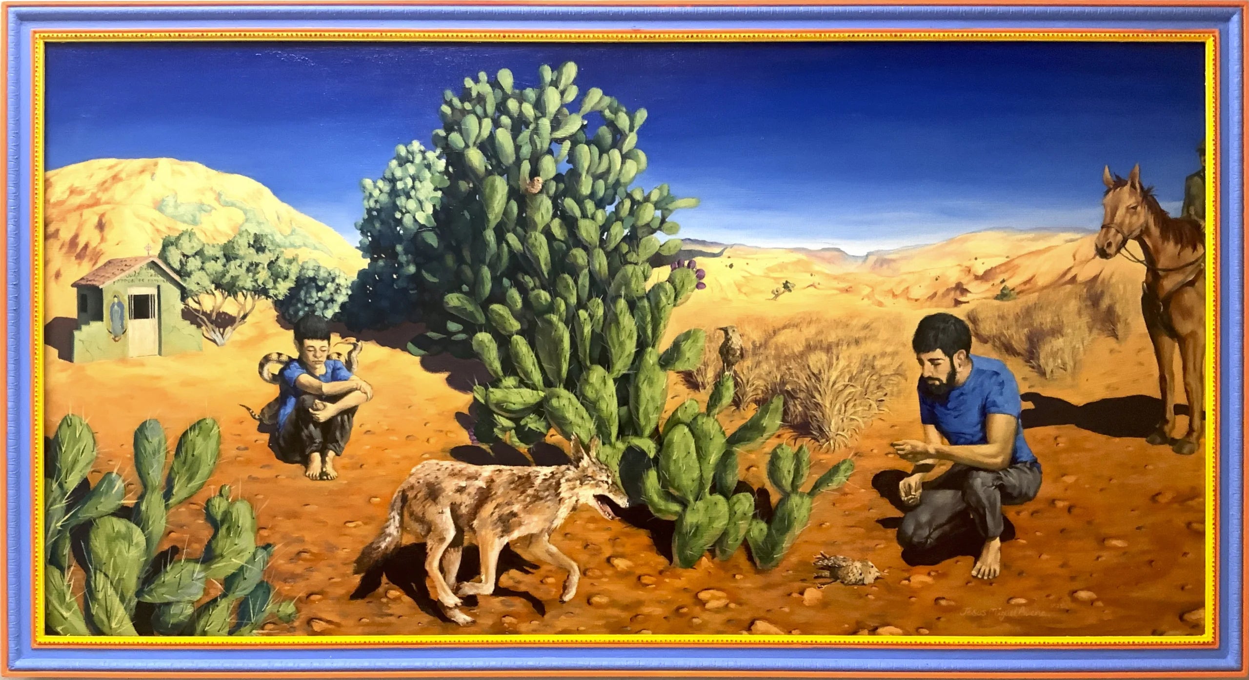 Tú puedes ser un coyote, mi hijo. (You Can Be a Coyote, My Son.) painting by Jesus Miguel Avena. Front view with frame